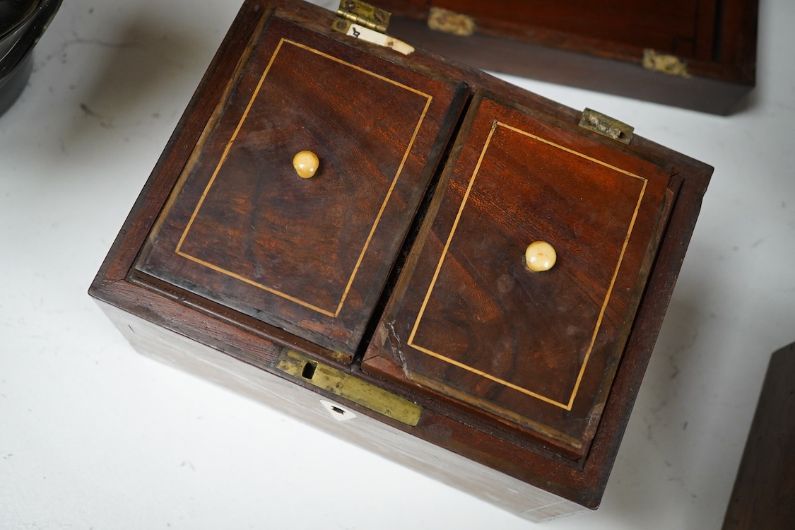 Two 19th century mahogany tea caddies, one with bone escutcheon, largest 20cm wide
